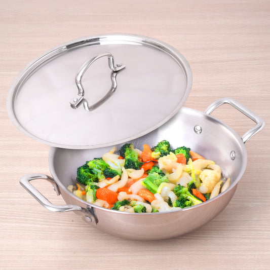 TurboCuk Tri-ply Stainless Steel Kadai+ Steel Lid, Premium Quality, 3 Layer Thick Body, 100% Toxin-free, Non-stick, Induction & Gas, 18 cm