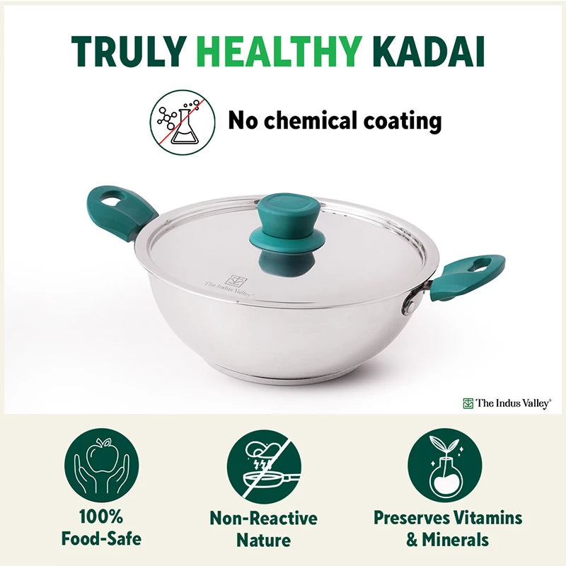 Tri-Steel Stainless Steel Kadai+ Lid, Premium Quality, Tri-ply (3 Layer) Bottom, Soft-touch Handles, 100% Toxin-free, Non-stick, Induction & Gas, 1.6/2.7/3.5/4.6 L, 20.7/22.6/26/29.3 cm