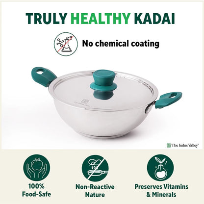 Tri-Steel Stainless Steel Kadai+ Lid, Premium Quality, Tri-ply (3 Layer) Bottom, Cool-touch Handles, 100% Toxin-free, Non-stick, Induction & Gas, 1.6/2.7/3.5/4.6 L, 20.7/22.6/26/29.3 cm