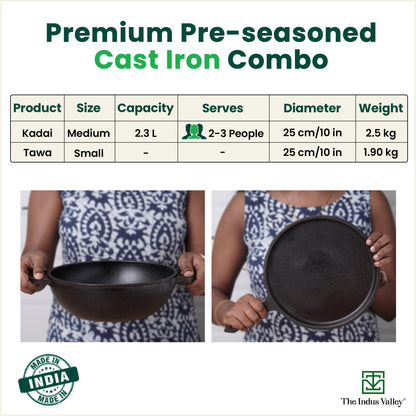 CASTrong Cast Iron Cookware Set: Tawa + Kadai, Kitchen Set for Home, Pre-seasoned, 100% Pure, Toxin-free, Induction