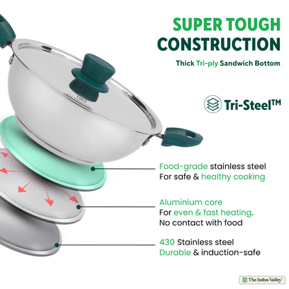 Tri-Steel Stainless Steel Kadai+ Lid, Premium Quality, Tri-ply (3 Layer) Bottom, Cool-touch Handles, 100% Toxin-free, Non-stick, Induction & Gas, 1.6/2.7/3.5/4.6 L, 20.7/22.6/26/29.3 cm