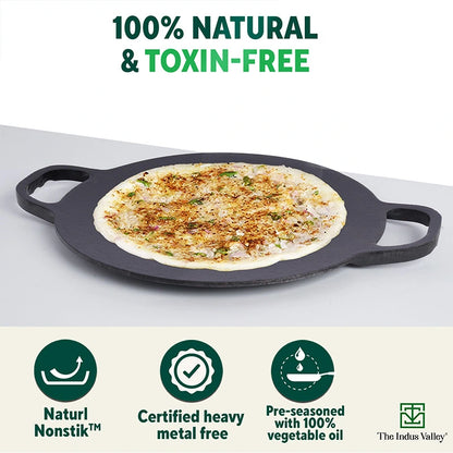 CASTrong Cast Iron Double Handle Concave Tawa, Pre-seasoned, Naturally Nonstick, 100% Pure, Toxin-free, Roti/Dosa Tawa for Kitchen Use, 11 In/27.9cm/2kg