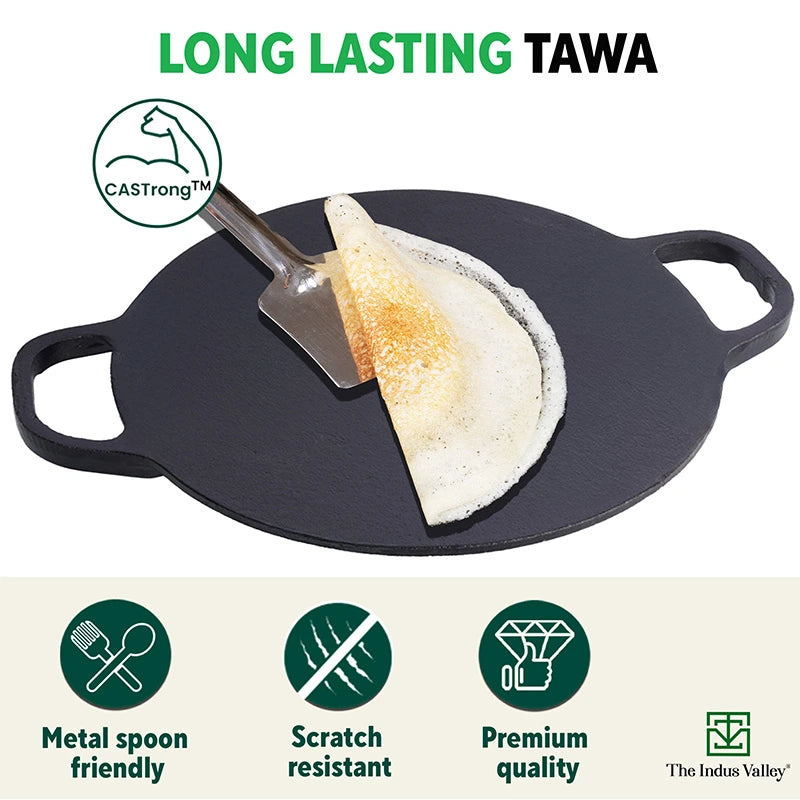 CASTrong Cast Iron Double Handle Concave Tawa, Pre-seasoned, Naturally Nonstick, 100% Pure, Toxin-free, Roti/Dosa Tawa for Kitchen Use, 11 In/27.9cm/2kg