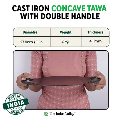 CASTrong Cast Iron Double Handle Concave Tawa, Pre-seasoned, Naturally Nonstick, 100% Pure, Toxin-free, Roti/Dosa Tawa for Kitchen Use, 11 In/27.9cm/2kg