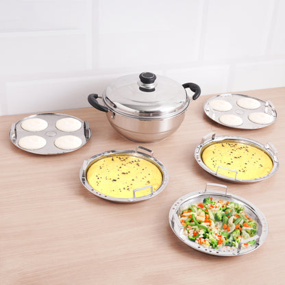 Tri-Steel Premium Stainless Steel Idli/ Dhokla/ Momo Maker/ Multi Pot/ Veg Steaming Set, Tri-ply Induction Bottom, 5 Plates, 4 pit