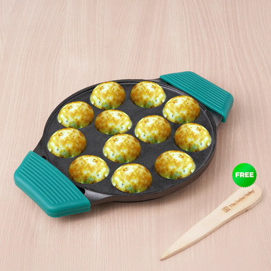 12 Pit/Cup CASTrong Cast Iron Paniyaram/Appe Pan+ Free Cool Silicone Grip+ Spatula, Pre-seasoned, Toxin-free, 21 cm, 2.2 kg