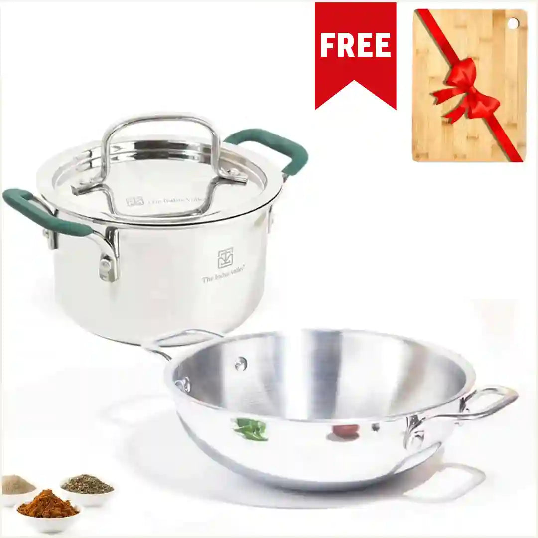 TurboCuk Tri-ply Stainless Steel Cokware Set: Free ₹600 Wooden Board+ Kadai+ Biryani Pot, Premium Quality, 3 Layer Thick Body, 100% Toxin-free, Non-stick, Induction & Gas