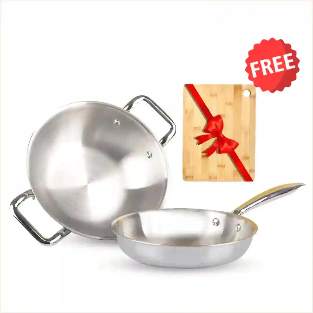 TurboCuk Tri-ply Stainless Steel Cookware Set: Kadai+ Fry Pan, Premium Quality, 3 Layer Thick Body, 100% Toxin-free, Non-stick, Induction & Gas, Free ₹600 Wood Chopping Board