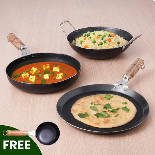 100% Pure Iron Cookware Set: Free ₹400 Tadka Pan+ Kadai+ Tawa+ Fry Pan, Toxin-free Sheet Iron, Pre-seasoned, Induction & Gas, Kitchen Set for Home