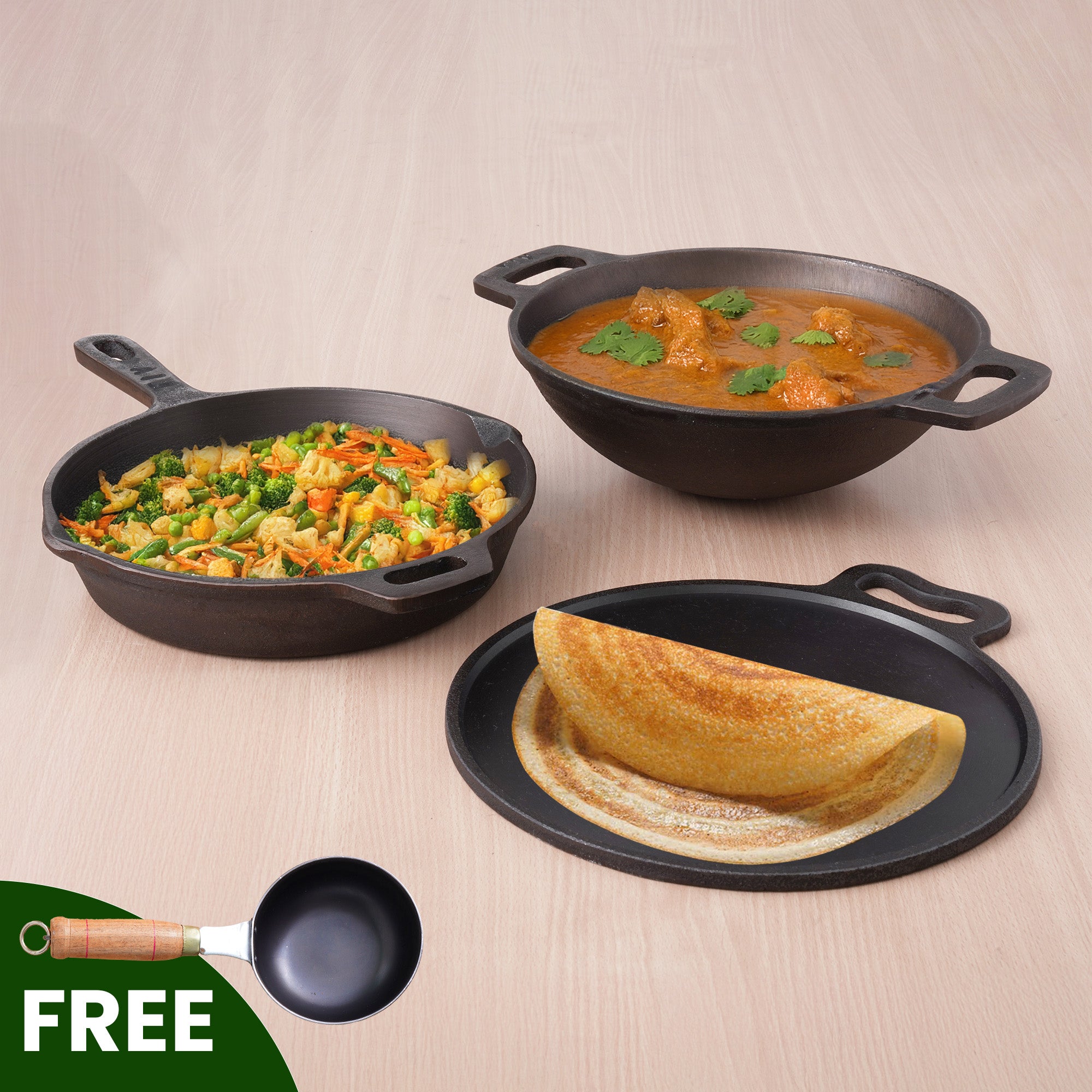 Super Smooth Cast Iron Set: Free ₹400 Tadka Pan+ Frypan+ Kadai+ Tawa, Kitchen set for Home, Nonstick, 100% Pure,Toxin-free