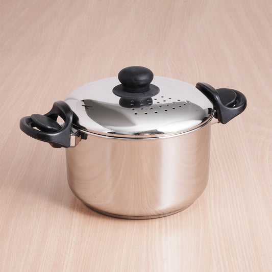 Tri-steel Stainless Steel Rice Pot with Strainer Lid & Lockable Bakelite Handles, Tri-ply 3-Layer Heavy Bottom | Noodle/Pasta/Corn/Soya/Veggies Boiler Pot, Steamer Cooker, Induction & Gas, 1.08 Kg, 19cm, 3.5 L