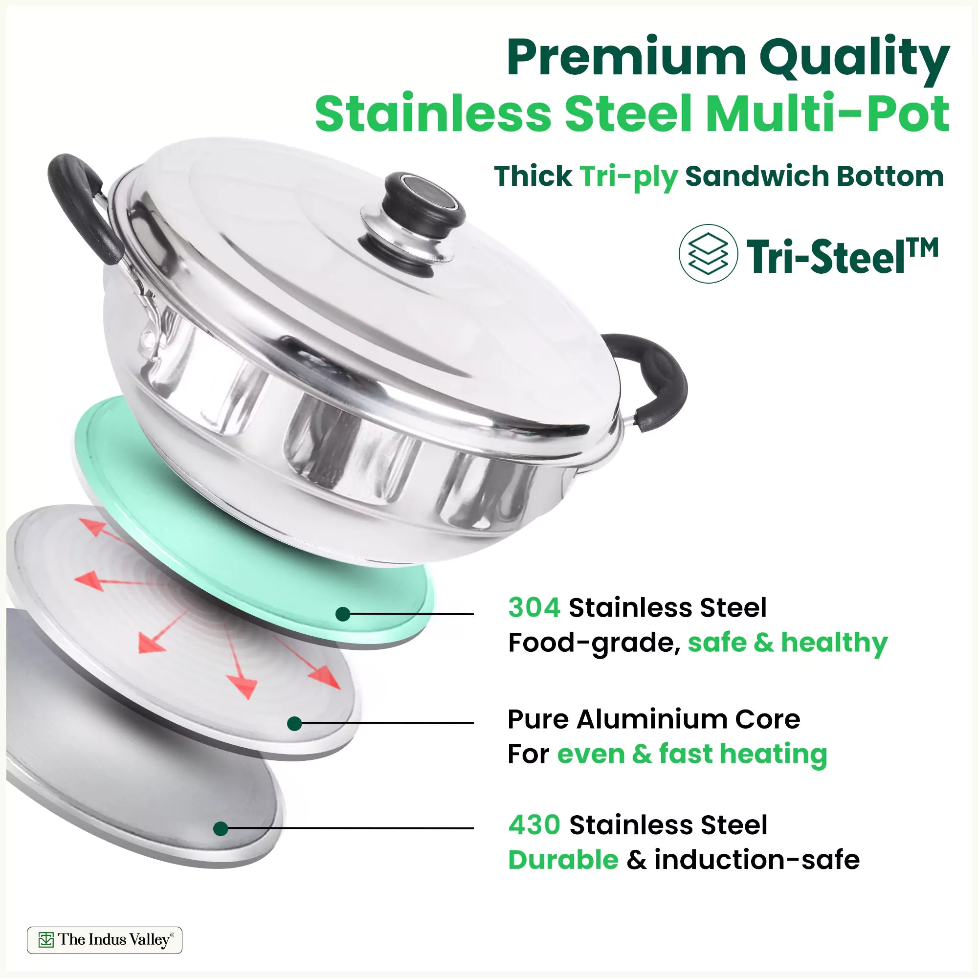 7 Pit Tri-Steel Premium Stainless Steel Idli/ Dhokla/ Momo Maker/ Multi Pot/ Veg Steaming Set, Tri-ply Induction Bottom, 5 Plates, 4.2L, 2.5kg