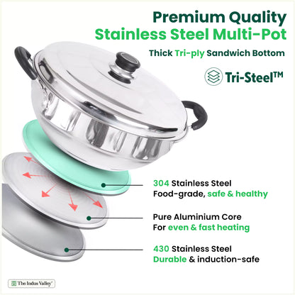 14 Pit Tri-Steel Multi Pot Premium Stainless Steel Idli/ Dhokla/ Momo Maker/  Veg Steaming Set, Tri-ply Induction Bottom, 5 Plates, 4.2L, 2.5kg