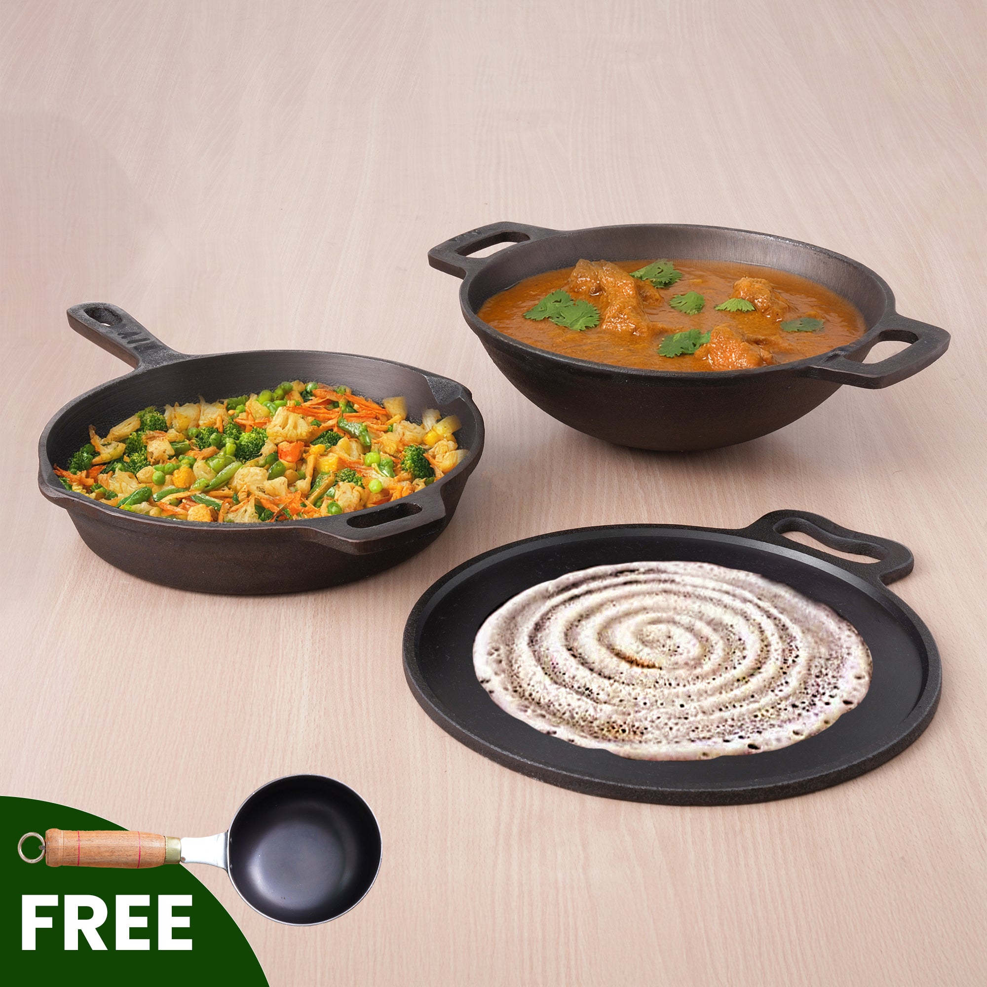 Super Smooth Cast Iron Set: Free ₹400 Tadka Pan+ Frypan+ Kadai+ Tawa, Kitchen set for Home, Nonstick, 100% Pure,Toxin-free