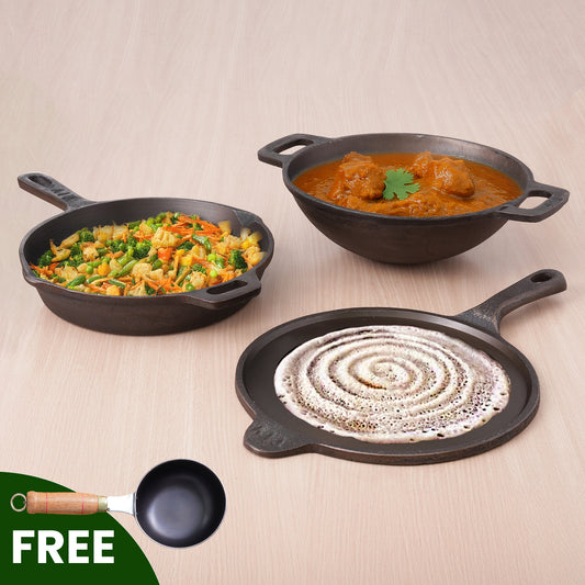 Super Smooth Cast Iron Set: Free ₹400 Tadka Pan+ Kadai+ Tawa+ Frypan, Kitchen set for Home, Nonstick, 100% Pure,Toxin-free