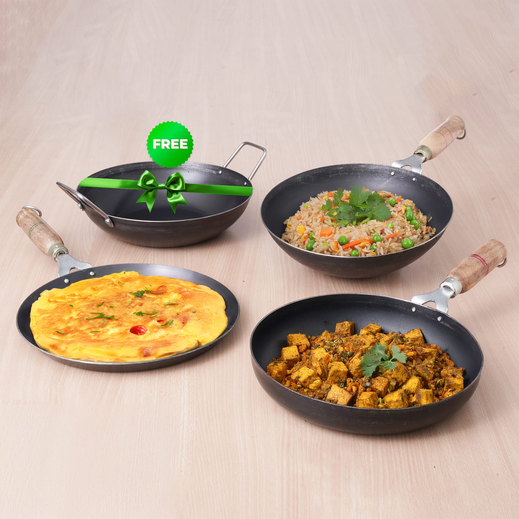 100% Pure Iron Cookware Set: Free ₹799 Kadai+ Tawa+ Fry Pan+ Wok, Toxin-free Sheet Iron, Pre-seasoned, Induction & Gas, Kitchen Set for Home