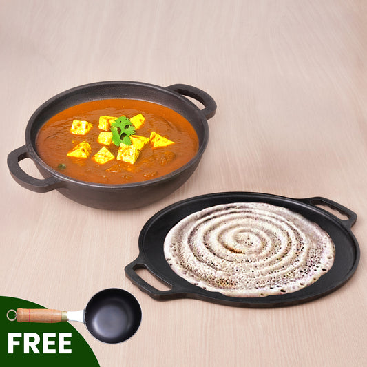 CASTrong Cast Iron Cookware Set: Free ₹400 Tadka Pan+ Tawa+ Kadai, Kitchen Set for Home, Pre-seasoned, 100% Pure, Toxin-free, Induction