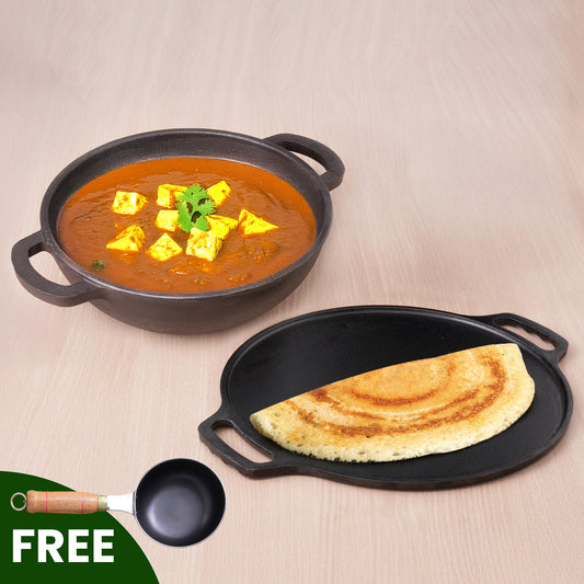 CASTrong Cast Iron Cookware Set: Free ₹400 Tadka Pan+ Tawa+ Kadai, Kitchen Set for Home, Pre-seasoned, 100% Pure, Toxin-free, Induction