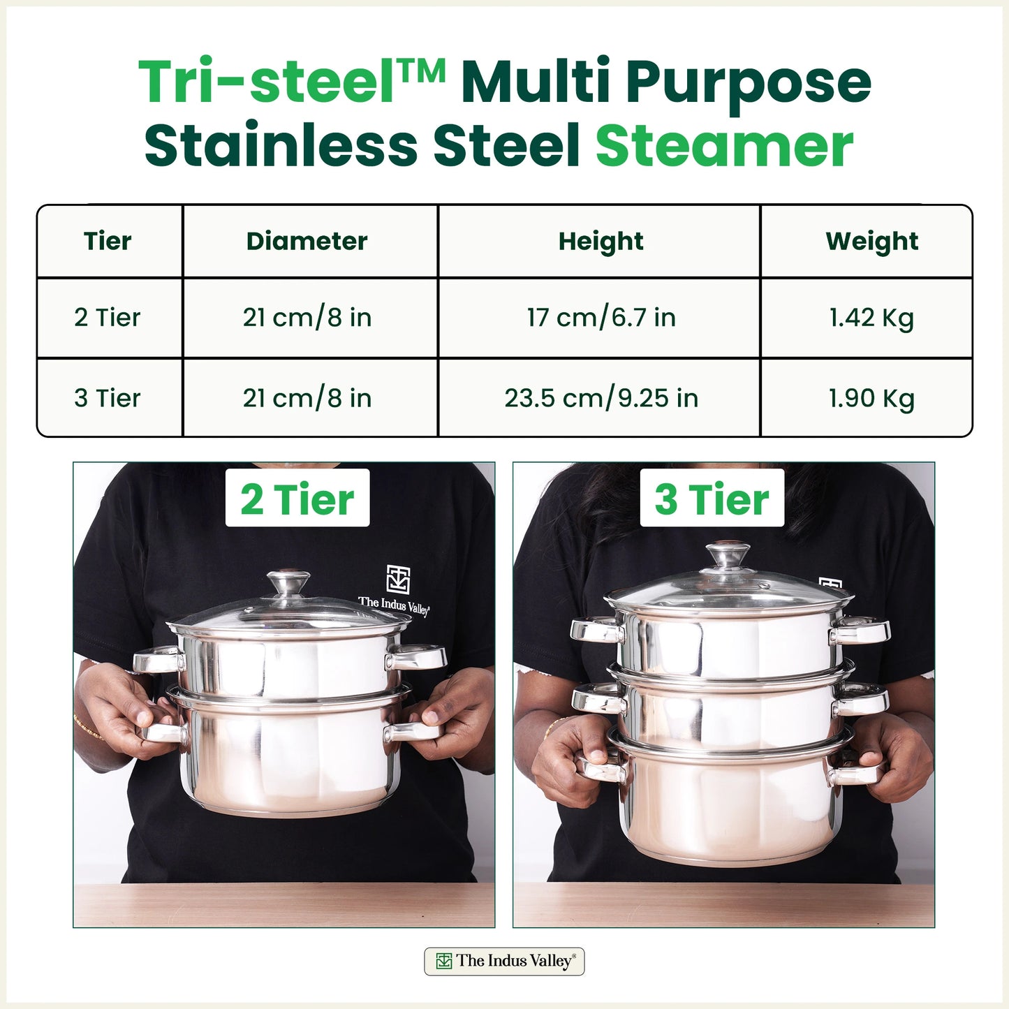 Tri-Steel Multi Purpose Stainless Steel Steamer with Tri-Ply Bottom  | Vegetable Steamer | Khandvi/Modak/Momo Maker | Steaming Pot 1.42 Kg / 1.9 Kg, 2 Tier / 3 Tier