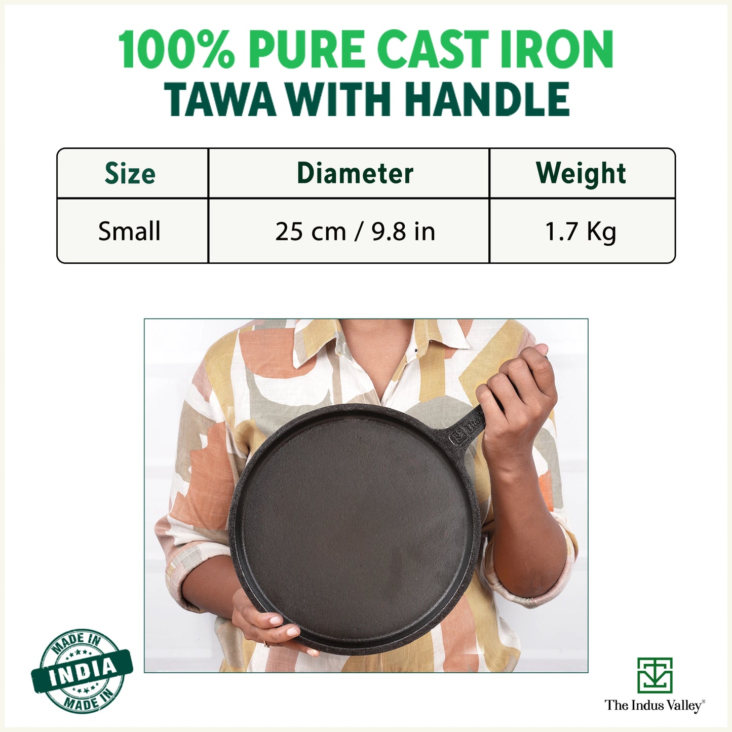 CASTrong Cast Iron Tawa with Handle, Pre-seasoned, 100% Pure, Toxin-free, Induction, 25cm,9.8inch