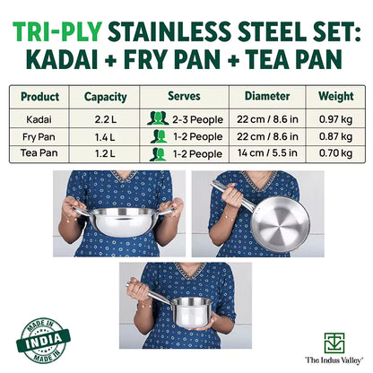 TurboCuk Tri-ply Stainless Steel Cookware Set: 2.2L Kadai+ 1.4L Frypan+  1.2L Tea/Milk pan, Premium Quality, 3 Layer Thick Body, 100% Toxin-free, Non-stick, Induction & Gas