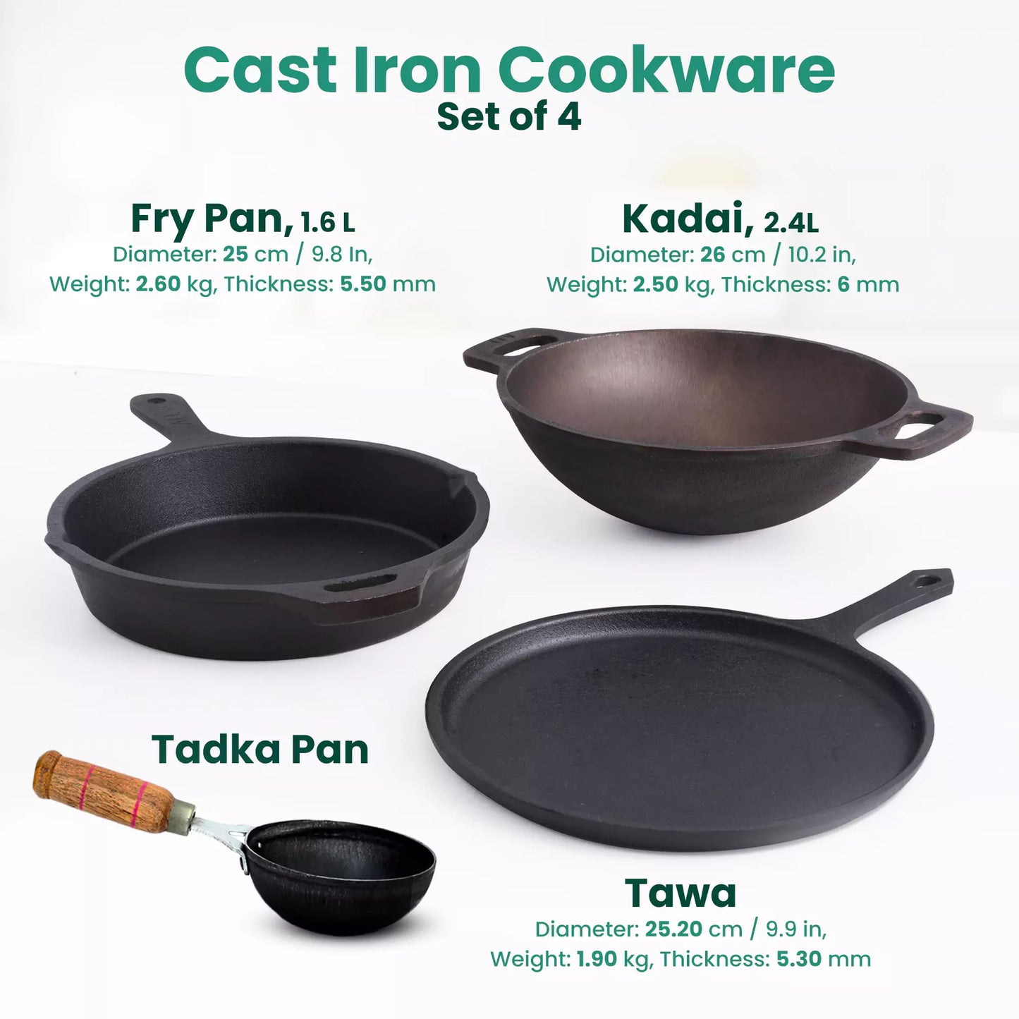 CASTrong Cast Iron Cookware Set: Free ₹400 Tadka Pan + Cast Iron Tawa With Handle (Pre Seasoned) + Cast Iron Kadai Wok Model + Cast Iron Fry Pan, Kitchen set for Home, 100% Pure, Toxin-free