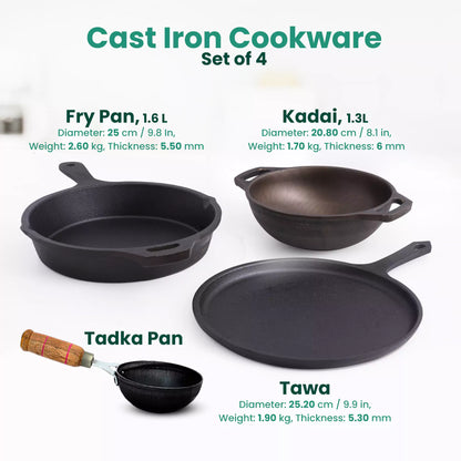 CASTrong Cast Iron Cookware Set: Tawa + Fry Pan + Wok Kadai With Free Tadka Pan, Kitchen set for Home, Pre-seasoned,100% Pure Cast Iron Cookware,Toxin-free Pots and Pans