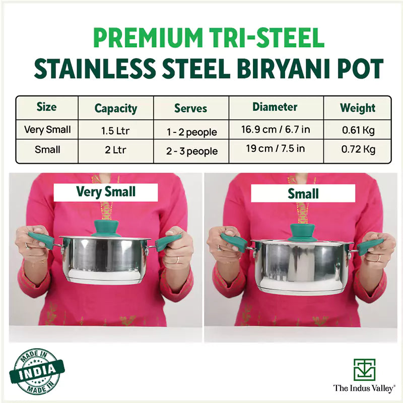 Tri-Steel Stainless Steel Biryani Pot+ Lid, Premium Quality, Tri-ply (3 Layer) Bottom, Soft-touch Handles, 100% Toxin-free, Non-stick, Induction & Gas, 1.5/2 L, 16.9/19 cm