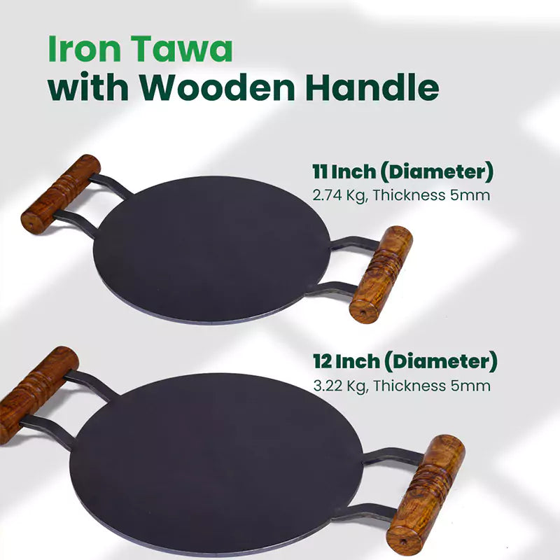 100% Pure Round Iron Tawa With Wooden Handle, Toxin-free Sheet Iron, Pre-Seasoned, Induction & Gas, 11/12 In, 2.74/3.22 Kg