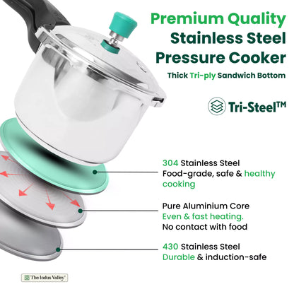 QuicKooker Stainless Steel Pressure Cooker, Premium Quality, Tri-ply (3 Layer) Heavy Bottom, 100% Safe, ISI Certified, 3 Yr Warranty, Induction & Gas, 3/4.5L