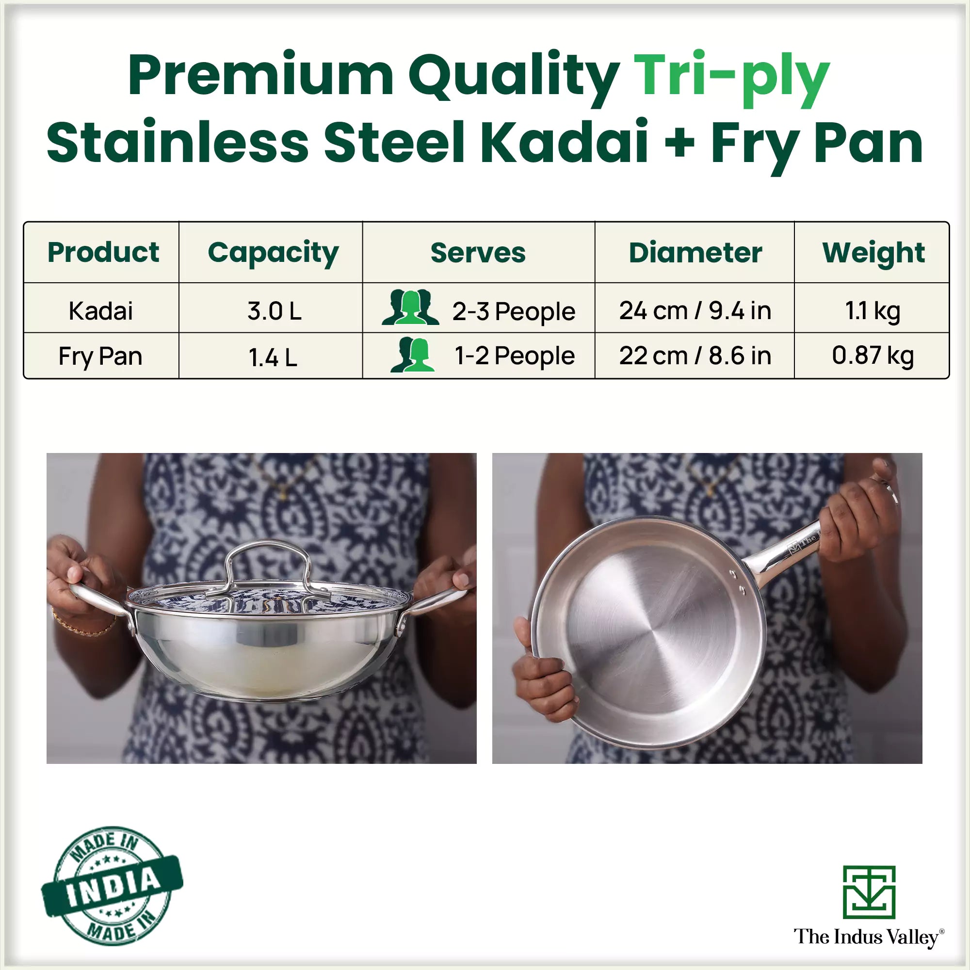 TurboCuk Tri-ply Stainless Steel Cookware Set: 3L Kadai with Lid + 1.4L Fry Pan, Premium Quality, 3 Layer Thick Body, 100% Toxin-free, Non-stick, Induction & Gas