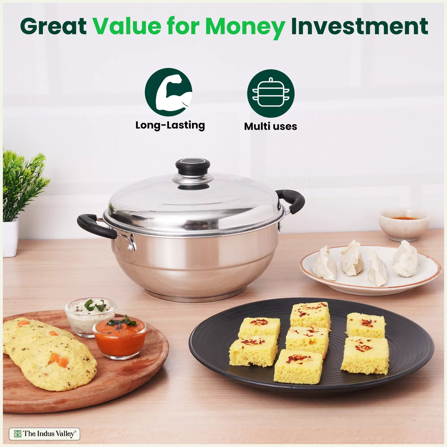 4 Pit Tri-Steel Premium Stainless Steel Idli/ Dhokla/ Momo Maker/ Multi Pot/ Veg Steaming Set, Tri-ply Induction Bottom, 5 Plates, 3L