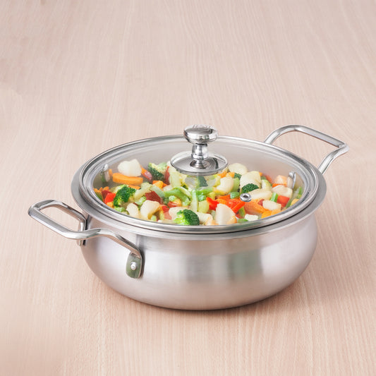 TurboCuk Tri-ply Biryani Cooking Pot/Casserole+ Glass Lid, Wide Handi Shape, Premium Quality, 3 Layer Thick Body, 100% Toxin-free, Non-stick, Induction & Gas, 2L