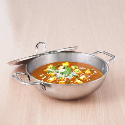 TurboCuk Tri-ply Stainless Steel Kadai+ Steel Lid, Premium Quality, 3 Layer Thick Body, 100% Toxin-free, Non-stick, Induction & Gas, 3L/3.5L/3.9L/4.5L