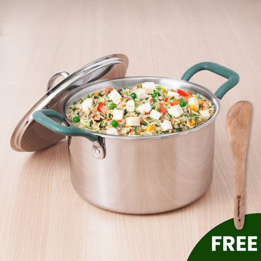 TurboCuk Tri-ply Stainless Steel Biryani Cooking Pot/Casserole+ Free ₹110 Spatula, Premium Quality, 3 Layer Thick Body, Cool Silicone Handles, 100% Toxin-free, Non-stick, Induction & Gas, 2.9L