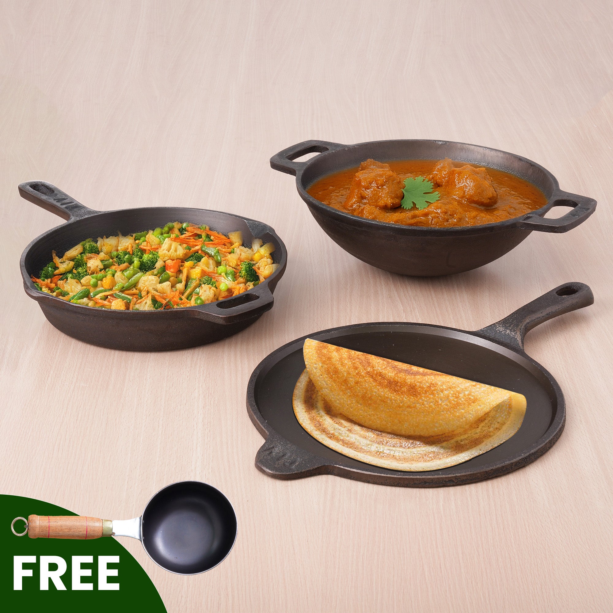 Super Smooth Cast Iron Set: Free ₹400 Tadka Pan+ Kadai+ Tawa+ Frypan, Kitchen set for Home, Nonstick, 100% Pure,Toxin-free