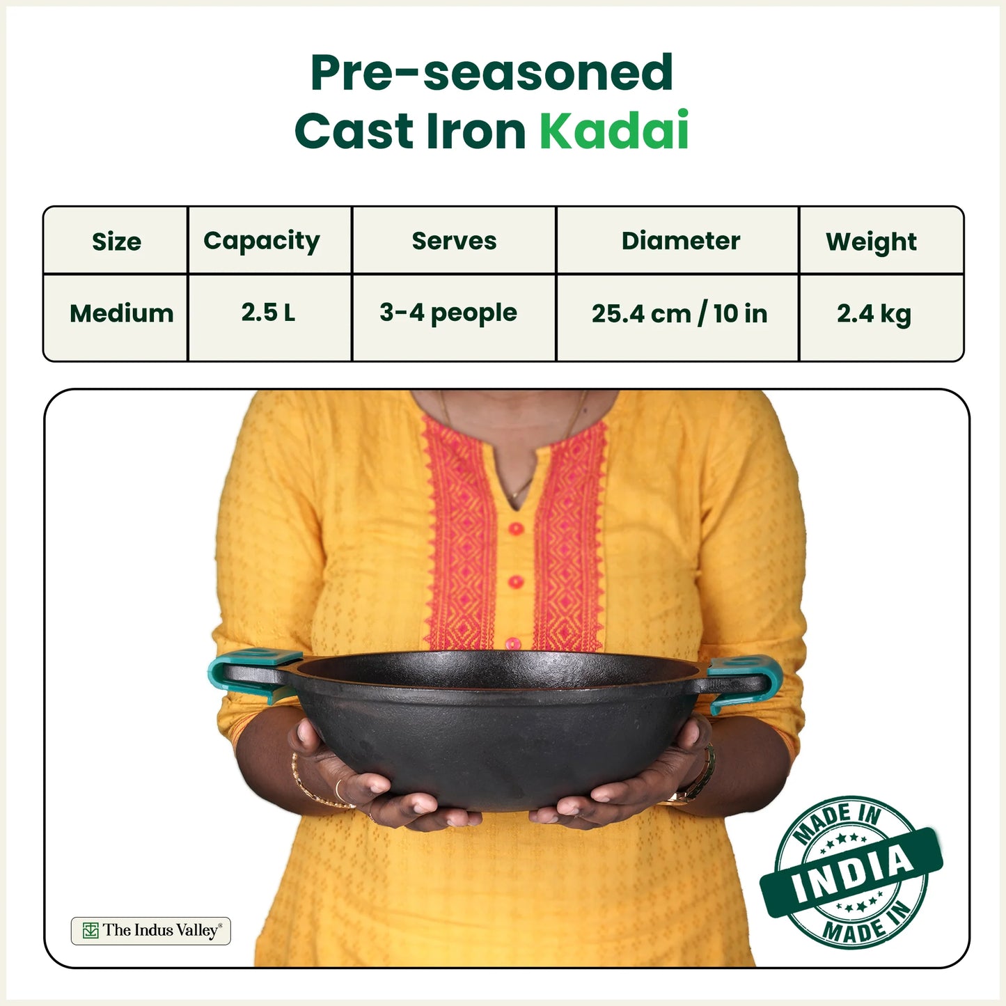 CASTrong Cast Iron Kadai, Flat Handle,Pre-seasoned, Nonstick, Premium Quality, Toxin-free, 2.5 L/2.4 Kg/10 In