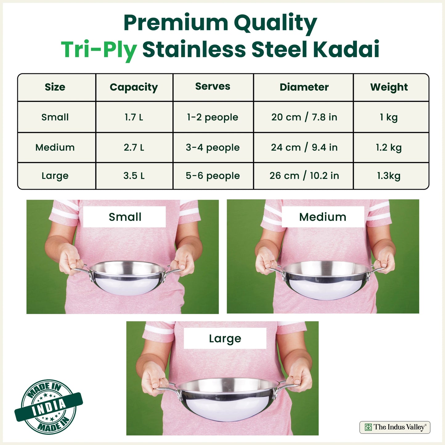 TurboCuk Tri-ply Stainless Steel Kadai, Premium Quality, 3 Layer Thick Body, 100% Toxin-free, Non-stick, Induction & Gas, Free ₹110 Spatula, 1.7/2.7/3.5L