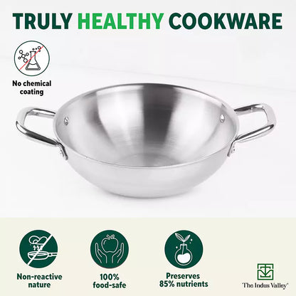 TurboCuk Tri-ply Stainless Steel Cookware Set: 2.2L Kadai+ 1.4L Frypan+  1.2L Tea/Milk pan, Premium Quality, 3 Layer Thick Body, 100% Toxin-free, Non-stick, Induction & Gas