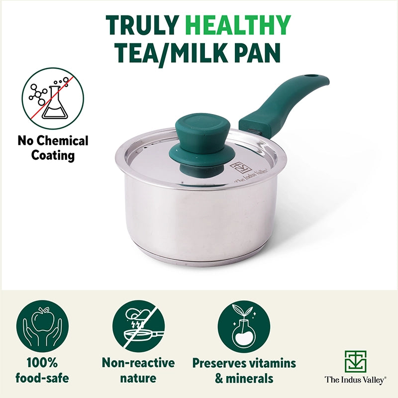 Tri-Steel Stainless Steel Tea/Milk Pan+ Lid, Premium Quality, Tri-ply (3 Layer) Bottom, Soft-touch Handle, 100% Toxin-free, Non-stick, Induction & Gas, 1/1.5 L, 14.9/16.9 cm