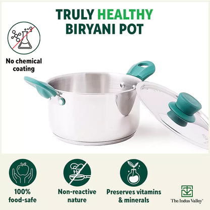 Tri-Steel Stainless Steel Biryani Pot+ Lid, Premium Quality, Tri-ply (3 Layer) Bottom, Soft-touch Handles, 100% Toxin-free, Non-stick, Induction & Gas, 1.5/2 L, 16.9/19 cm