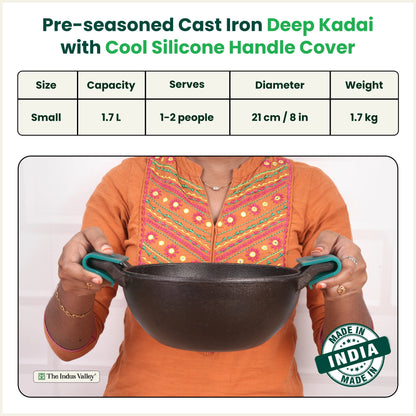 CASTrong Cast Iron Deep Kadai, Naturally Non-stick, Premium Quality, Toxin-free, 1.7L / 1.7Kg / 8 In