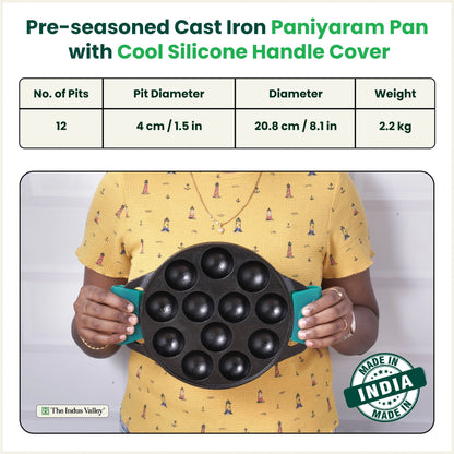 12 Pit/Cup CASTrong Cast Iron Paniyaram/Appe Pan, Pre-seasoned, with Double Handle Silicone Grip,Toxin-free, 20.8 cm, 2.2 kg