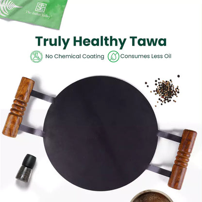 100% Pure Round Iron Tawa With Wooden Handle, Toxin-free Sheet Iron, Pre-Seasoned, Induction & Gas, 11/12 In, 2.74/3.22 Kg