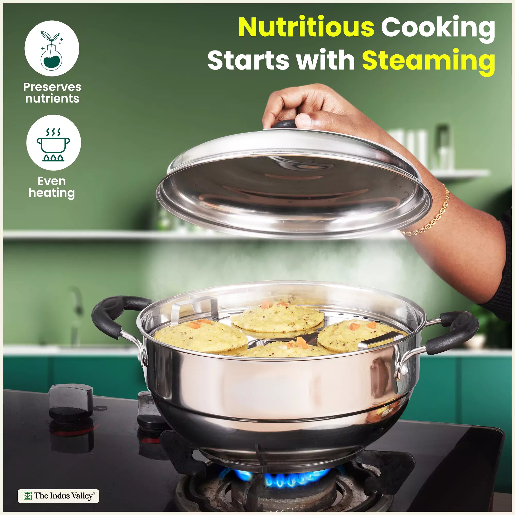 4 Pit Tri-Steel Premium Stainless Steel Idli/ Dhokla/ Momo Maker/ Multi Pot/ Veg Steaming Set, Tri-ply Induction Bottom, 5 Plates, 3L