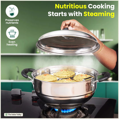 4 Pit Tri-Steel Premium Stainless Steel Idli/ Dhokla/ Momo Maker/ Multi Pot/ Veg Steaming Set, Tri-ply Induction Bottom, 5 Plates, 3L