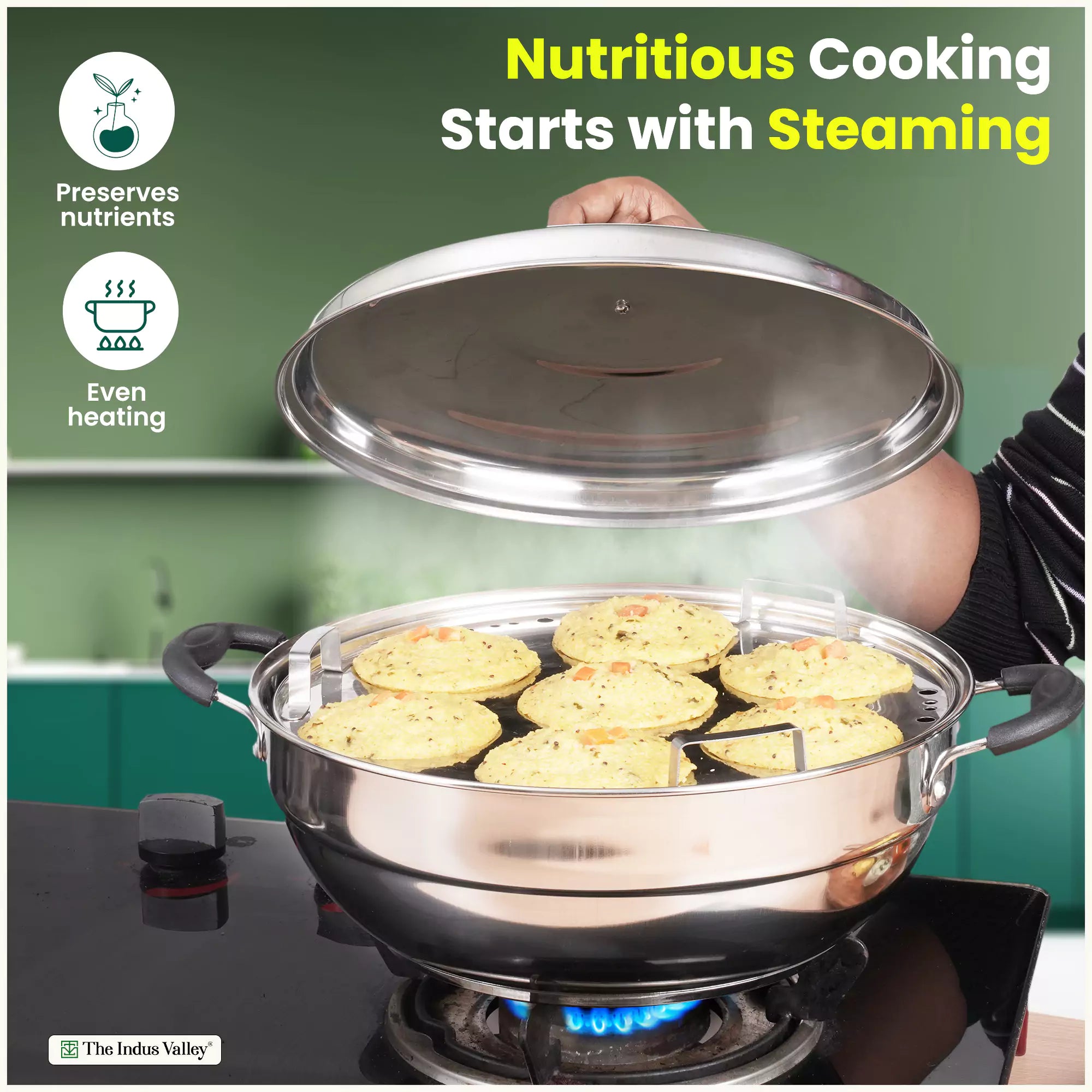 7 Pit Tri-Steel Premium Stainless Steel Idli/ Dhokla/ Momo Maker/ Multi Pot/ Veg Steaming Set, Tri-ply Induction Bottom, 5 Plates, 4.2L, 2.5kg