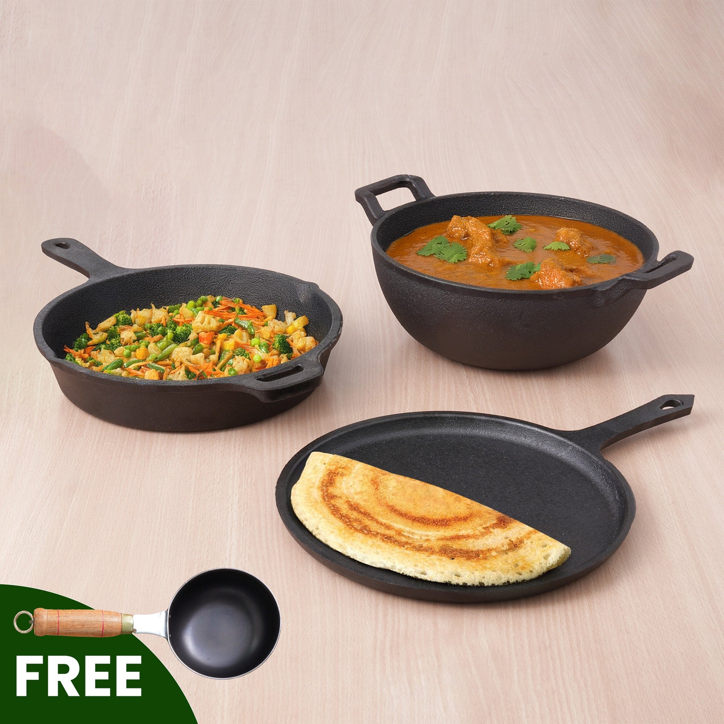 CASTrong Cast Iron Cookware Set: Free ₹110 Spatula +Tawa+Kadai+Frypan,Kitchen set for Home, Pre-seasoned,100% Pure,Induction