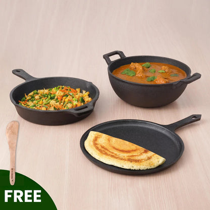 CASTrong Cast Iron Cookware Set: Tawa+Kadai+Frypan+Free Flip,Kitchen set for Home, Pre-seasoned,100% Pure,Induction