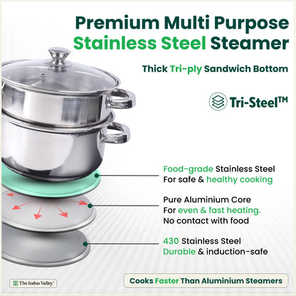 Tri-steel Multi Purpose Stainless Steel Steamer with Sandwich bottom  | Vegetable Steamer | Khandvi/Modak/Momo Maker | Steaming Pot 1.42 Kg / 1.9 Kg, 2 Tier / 3 Tier